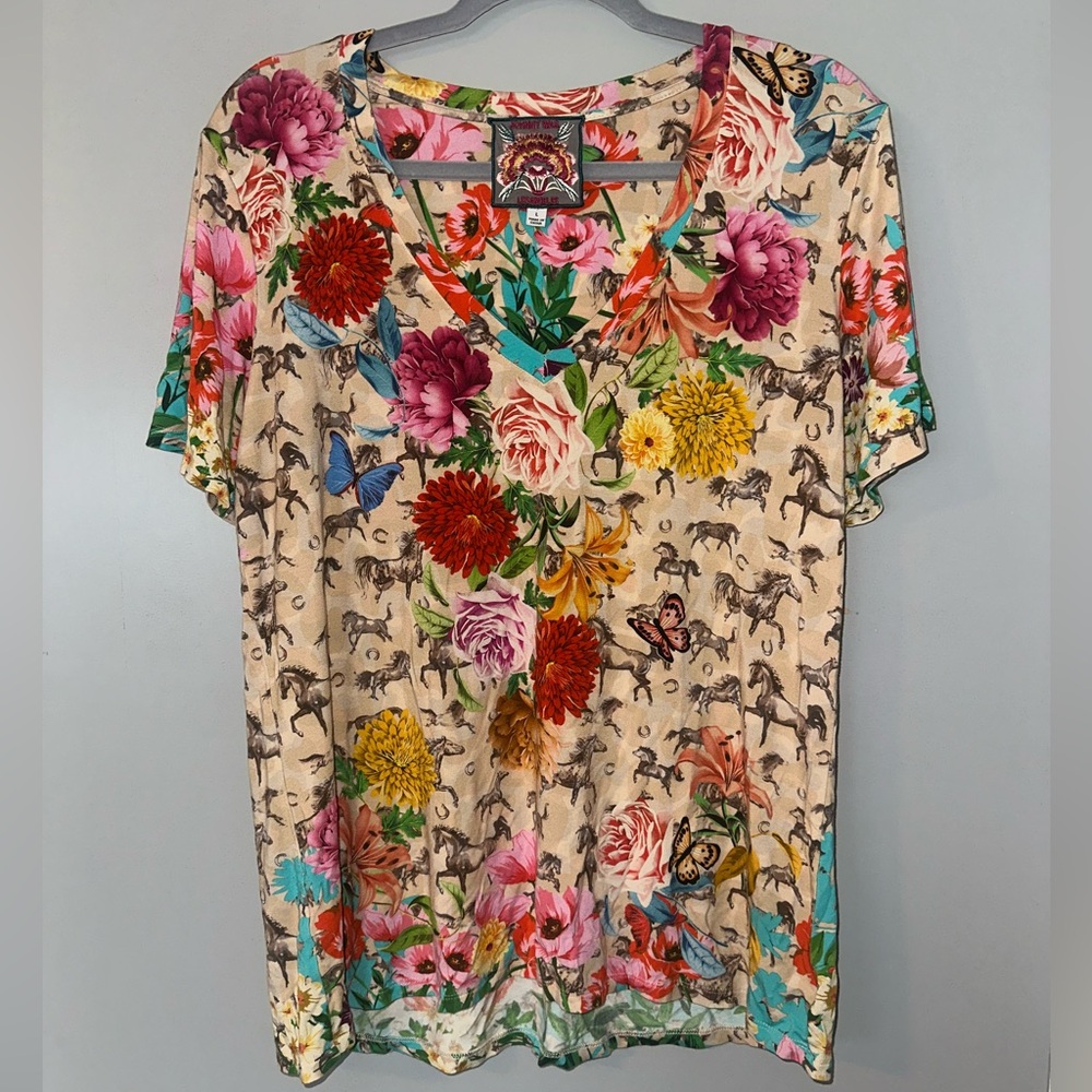 Johnny Was Multicolor Floral and Horse Print Tee